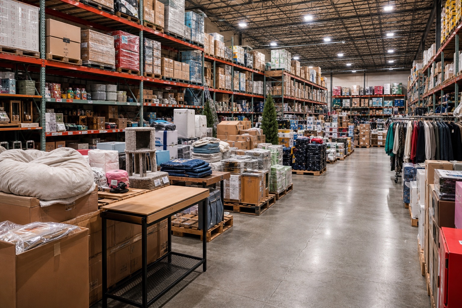 Interior of a liquidation warehouse store with tall shelving and pallets of overstock merchandise