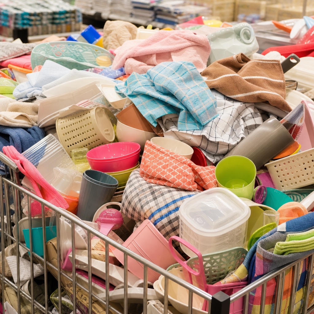 Bin overflowing with colorful discount housewares, towels and kitchen items
