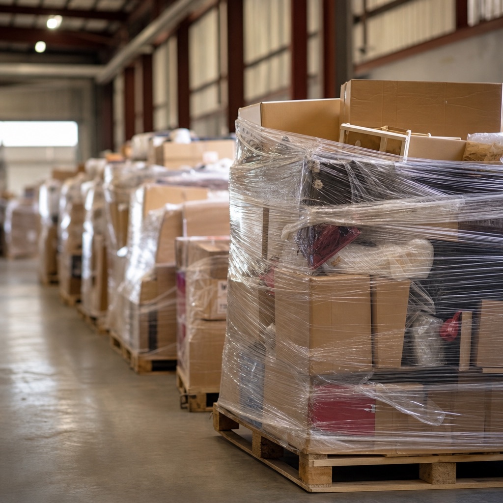 Shrink-wrapped liquidation pallets of mixed merchandise in a warehouse