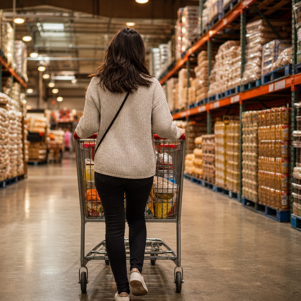 Shopper pushing a cart down the aisle of a discount warehouse store