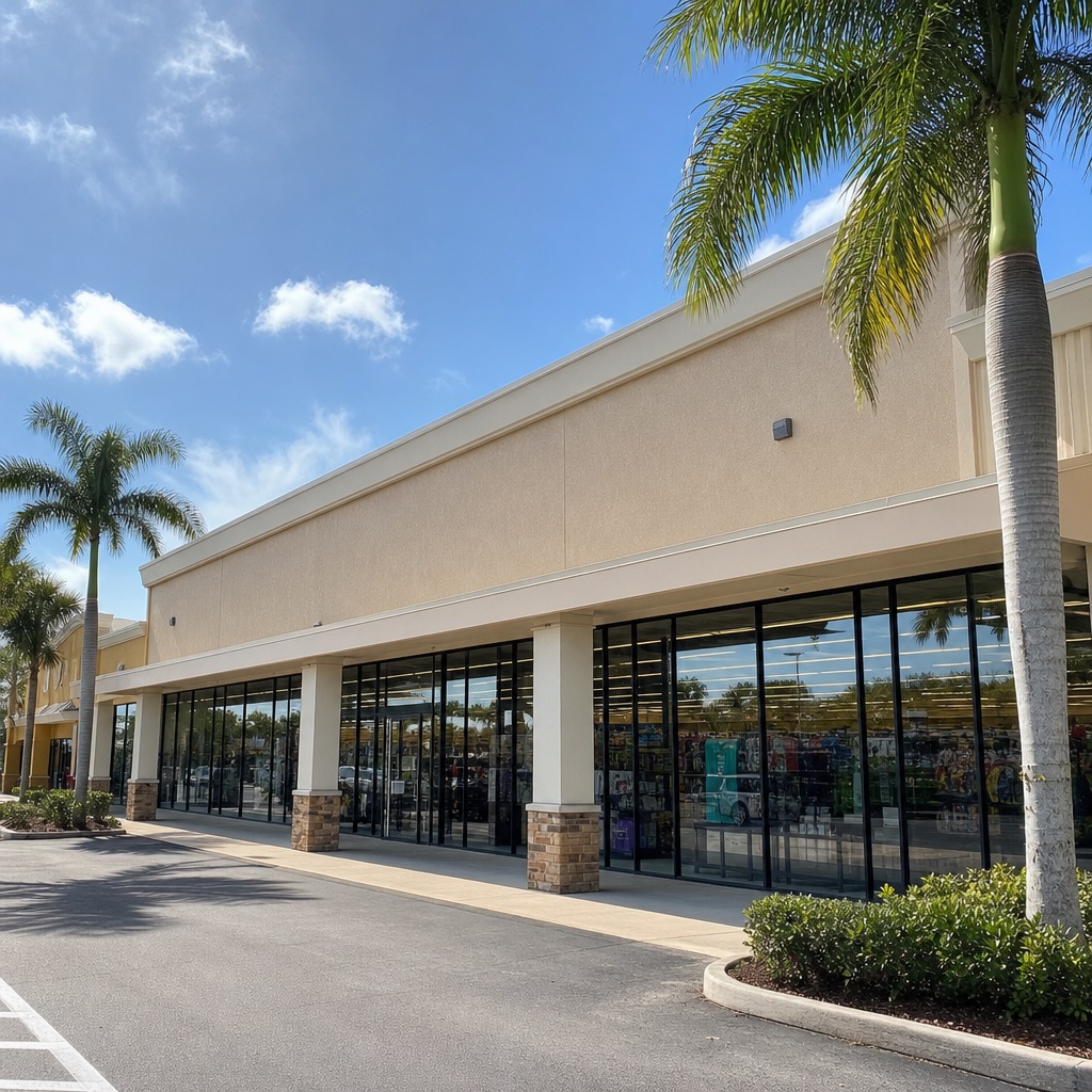 Single-story discount store storefront in an Ocala, Florida plaza with palm trees