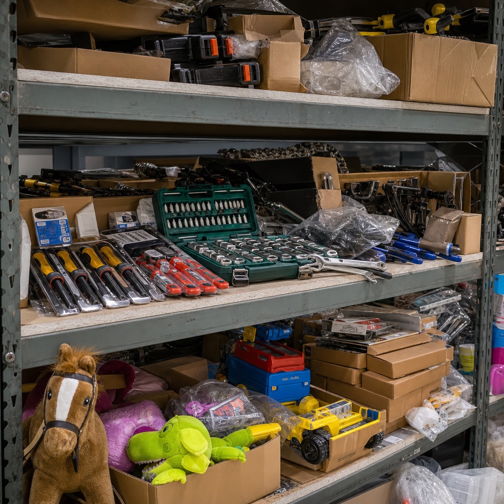 Warehouse shelf stacked with assorted tools, hardware and toys